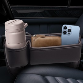 Car Leather Cup Holder Gap Bag 2-Piece Car Seat Gap Filler with Cup Holders for Cups Glasses Keycard (Main and Passenger) (Mocha Brown)