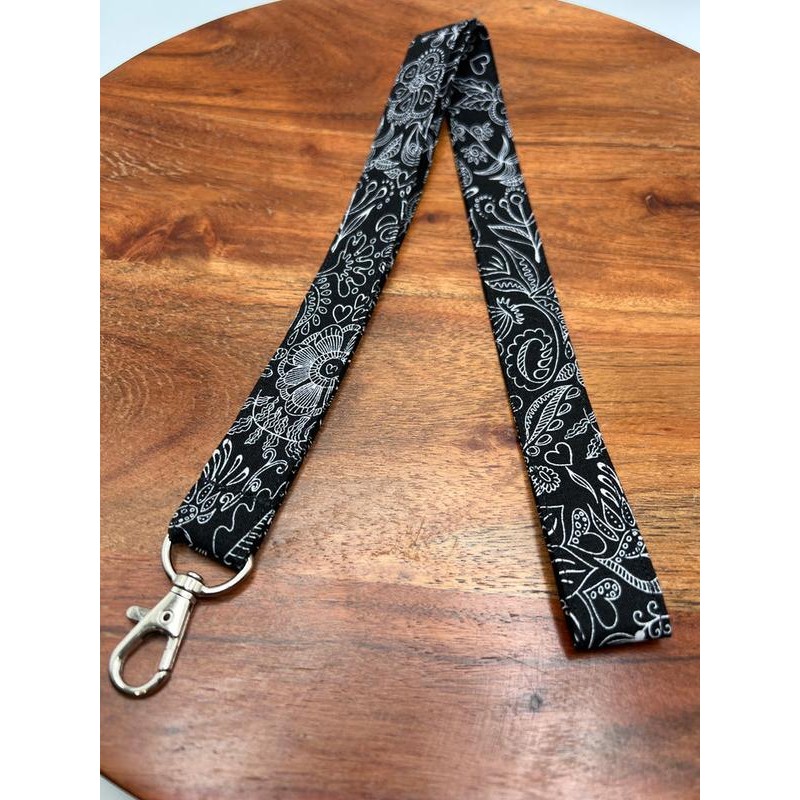 Black and White Fine Line Floral Lanyard - Length: Wristlet,