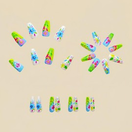 Spring Press on Nails Flower Stick on Nails Colorful Glue on Nails with Butterfly Design Medium Coffin Fake Nails Glossy Full Cover Acrylic False Nails Reusable Artificial Nails Kit for Women 24Pcs