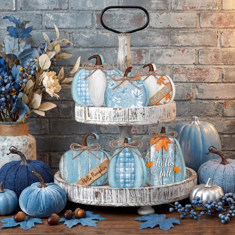 6 Pcs Fall Pumpkin Table Decor Wooden Signs, Blue and
