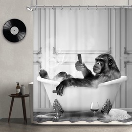 Newsely Funny Monkey Shower Curtain 60Wx72H Inch Animal Chimpanzee in Bathtub Black White Wildlife Cool Modern Shower Curtain Bathroom Set Boys Men Waterproof Bath Decoration Accessories Home Decor