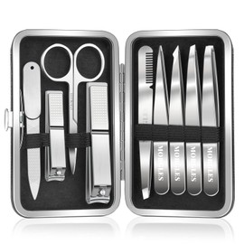 Tweezers and Nail Clipper Set with Case for Men Women, MORGLES 9 Pcs Professional Stainless Steel Tweezers No Gaps