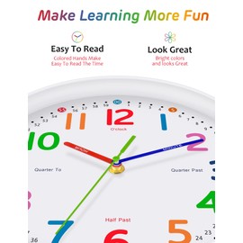 Lantoo Silent Kids Wall Clock – Non-Ticking, Battery-Powered, Ideal for Teaching Time and Stylish Décor in Any Room - 12 Inch