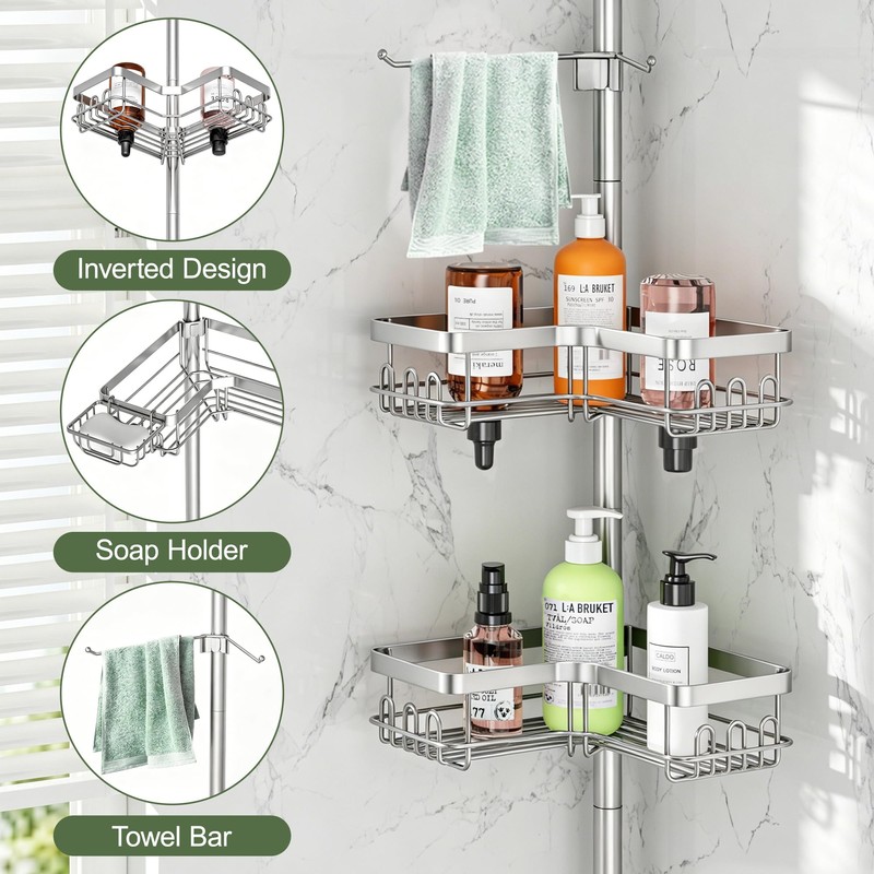 Clothink Corner Shower Caddy Tension Pole 4 Tier Rustproof Bathroom