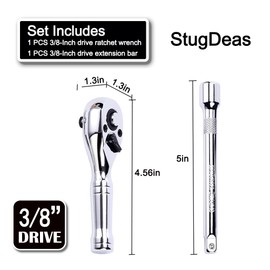 3/8-Inch Drive Ratchet Wrench, 72-Tooth Stubby Quick-Release Socket Wrench with a Extension Bar(5 inch), Reversible Switch, Chrome Alloy Made, Full-Polished Chrome Plating