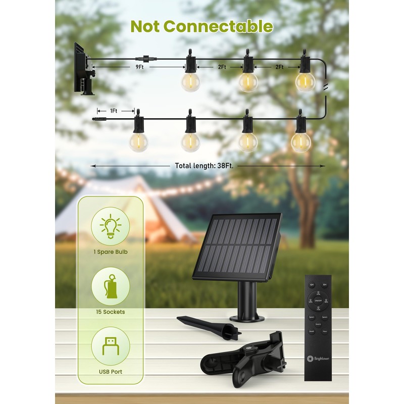 Brightown Solar String Lights Outdoor Waterproof with Remote Cable Ties