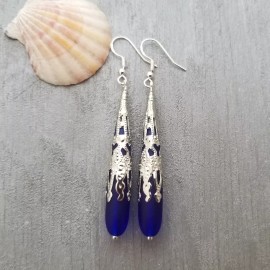 Does Not Apply Hawaiian Jewelry Sea Glass Earrings, Cobalt Blue Earrings Long Teardrop