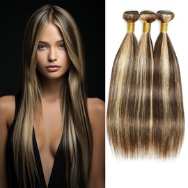 Ombre Highlight Brown Bundles Human Hair P4/613 Blonde Bundles Human Hair Highlight Straight Bundles Brazilian Human Hair Two Tone Brown Mixed With Blonde Bundles for Black Women 8 10 12 Inch