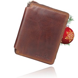 Fregery ® Leather Wallet for Men with RFID Protection with Coin Compartment, Genuine Leather Wallet, Wallet, All-Round Zip (Brown Portrait), brown, Classic