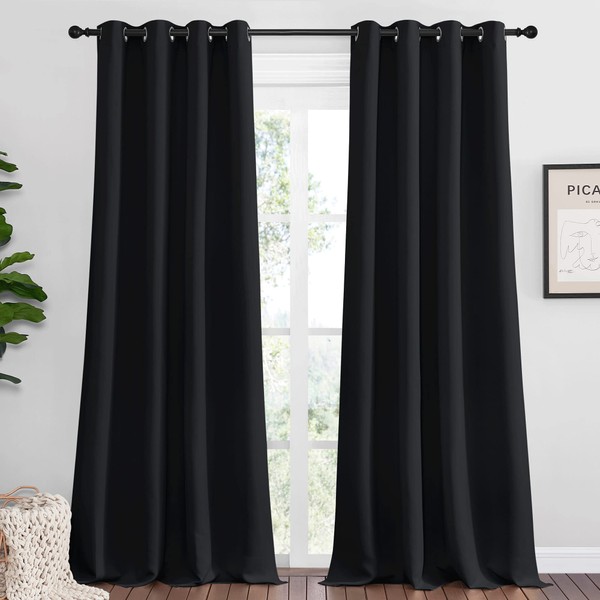 NICETOWN Patio Blackout Curtain Shades, 2 Panels, 55 inches x 102 inches, Black, Summer Home Decoration Thermal Insulated Grommet Blackout Draperies/Drapes for Kitchen