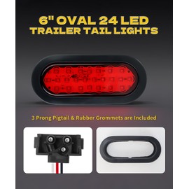 Ronybuy 6 Inch Red Oval Led Trailer Truck Lights 24 LED Waterproof Sealed 6" Stop/Turn/Tail Light Marine Boat Trailer Lights with [DOT SAE], Include Flush Mount Grommets 3-Prong Wire Plugs 4PCS