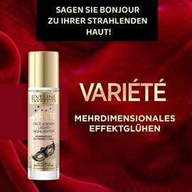Eveline Cosmetics Variété Liquid Highlighter for Face & Body - No. 02 Rose Gold, Universal Formula with Vitamin C & Iris Extract, Vegan, 30 ml