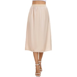 Vlazom Women's Satin Half Slips Lace Long Underskirt Soft Waist Slips for Under Dresses Long Skirt Petticoat Size UK 6-24, Nude, L