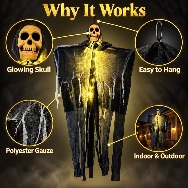 1pc Halloween Glowing Skull Skeleton Ghost Decoration, Hanging Gauze Ghost