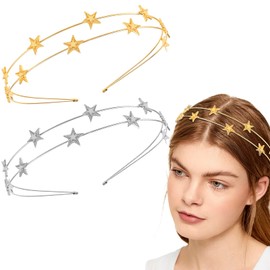 Aswewamt 2 Pcs Alloy Five-pointed Star Headbands Rhinestone Headband Bridal Hair Hoop Wedding Hair Accessories Ornaments for Elegant Women Girls (Silver & Gold)