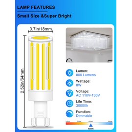 ZHENMING G9 LED Bulb 8W 75W 80W Halogen Equivalent, Dimmable 800LM 6000K Daylight White T4 G9 Bi Pin Base Light Bulbs for Chandelier Pendant Wall Ceiling Ligting, 5Pack