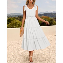 ZESICA Women's 2025 Summer Boho Casual V Neck Sleeveless Midi Dresses Tie Shoulder Flowy Tiered A Line Beach Long Sundress,White,M