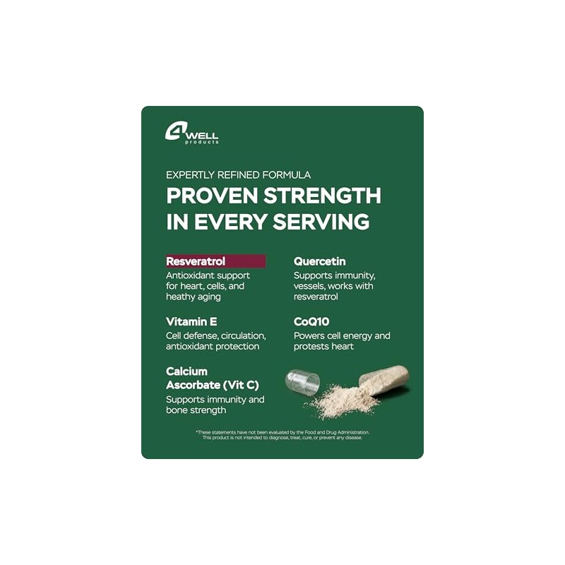 4well Products Complejo Suplemento Resveratrol 1800 Coq10 Quercetina Vitamina Ascorbato