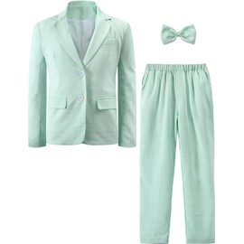A&J DESIGN Boys Easter Outfit Kids Suit Wedding Ring Bearer Outfit Plaid Blazer Suit Pants Bow Tie Light Green 6-7 Years