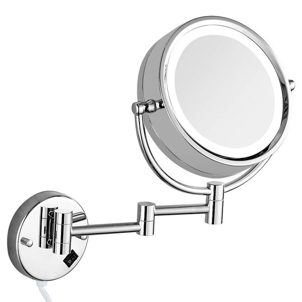 Gecious 10X Magnification Wall Mount Makeup Mirror with Light LED Lighted 8.5 inches, Double Sided, Powered by Plug 360 Swivel, Chrome Finished, 13 Inch Extension，Electric Plug in