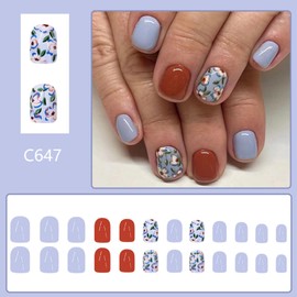 Blue Flower Press on Nails Short Square Fake Nails with Flowers Leaf Design Full Cover Floral False Nails Blue Orange Fall Winter Glue on Nails Acrylic Artificial Stick on Nails for Women Girls 24Pcs