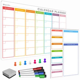 TMS A3 / A4 Multi-Coloured Magnetic Weekly Planner/Memo Board/Calendar – Whiteboard, Shopping List and Meal Planner - with 4 Magnetic Dry Wipe Pens and Eraser