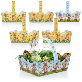 com-four® 6 x Easter Baskets with Motif - Cardboard Baskets for Filling - Easter Nest for Gifts and Easter Eggs - Cardboard Gift Bag with Carry Handle (Yellow Orange Blue)