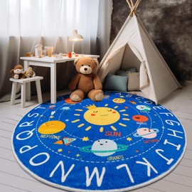 Round ABC Kids Rug,5.2 Ft Soft Circle Alphabet Playroom Rug,Washable Non-Slip Solar System Kids Play Rug,Space Educational Rug Kids Carpet for Classroom Playroom Bedroom Kids Room Decor