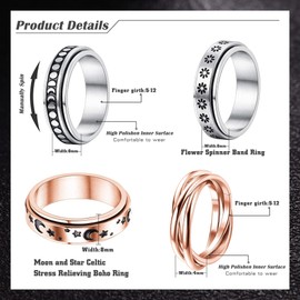 FUNRUN JEWELRY 4Pcs Stainless Steel Fidget Anxiety Ring for Women Men Fidget Spinner Rings Moon Star Celtic Stress Relieving Spinning Ring Wedding Band Rings Set Size 8(RG)