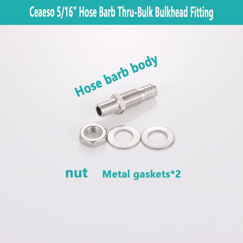 5/16" Hose Barb Thru-Bulk Bulkhead Fitting,304 Stainless Steel Straight Hex