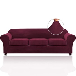 PriceDeco Velvet XL Couch Cover for Oversized Sofa 4 Piece Sofa Covers for 3 Cushion Couch Washable Furniture Protector with Non Slip Elastic Bottom Width Up to 97 Inch(X-Large, Burgundy)