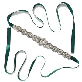 Womens Wedding Bridal Belts Shiny Rhinestone with Pearls Handmade Sash Belts for Bride and Bridesmaid, Green, One Size