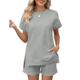 Rapbin Womens Tracksuit Set Crew Neck Solid Color with Two Pockets Loungewear Tracksuits Light Grey