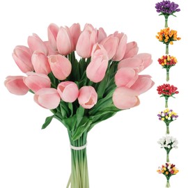 C APPOK 30pcs Tulips Artificial Flowers Pink Faux Tulips Fake Latex Stems - Real Touch PU Tulip Easter Spring Wedding Bouquet Centerpiece Floral Arrangement Cemetery Table Decor Home Decorations
