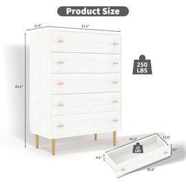 Farmhouse 5 Drawers Dresser for Bedroom, 44" Tall White Dresser Wood Rustic Chest of Drawers with Large Drawers & Bar Handles,Natural Texture,Drawer Organizer for Living Room,Hallway and Entryway
