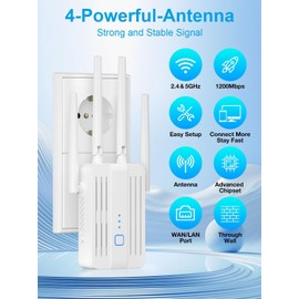 WiFi Repeater WLAN Amplifier WiFi Booster, 1200 Mbit/s WLAN Signal Amplifier with Dual Band (2.4 GHz & 5 GHz), Repeater Mode/Access Point Mode, Compatible with All Routers, Easy Setup