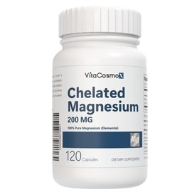 VitaCosmoX Chelated Magnesium Bisglycinate, 200mg, 120 Vegan Capsules, 60 Servings, Gluten Free, Non-GMO, and Vegetarian Friendly