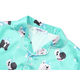 Beezizac Silky Satin Pajama for Girls - Green Dogs Coat Style Button Down Short Sleeves & Pants Set 2-Piece PJ Size 6-16