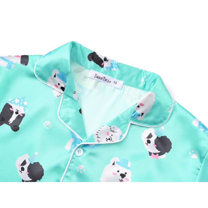 Beezizac Silky Satin Pajama for Girls - Green Dogs Coat