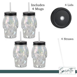 Servette Home 4 Pack Iridescent Skull Shaped Mason Jar with Lid and Straw - 16 Oz