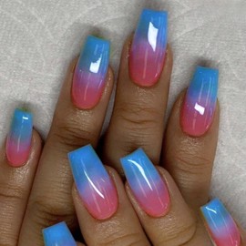 MERVF Coffin Press on Nails Long Fake Nails Light Blue Pink Ombre French Glue ons Nail Solid Color Design Acrylic Ballerina Summer Manicure Glossy 24pcs