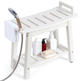 FLyjoe Shower Bench for Inside Shower Shaving Legs, Large Waterproof HDPE Shower Chair Seat with Storage Shelf and Handles Spa Shower Stool for Bath Tub Bathroom Indoor Outdoor Use, White