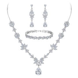 BriLove Wedding Jewelry Set for Women, Y-Necklace Tennis Bracelet Dangle Earrings with AAA Cubic Zirconia Teardrop Leaf Vine for Bridal Bridesmaid Clear Silver-Tone