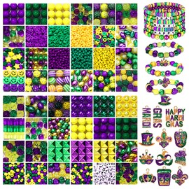 NVENF Mardi Gras Beads Charms for Jewelry Making, Gold Purple Green Polymer Clay Beads, Pearl Crystal Acrylic Beads Letter Spacer Beads Mardi Gras Charms for Bracelet Necklace Making DIY Crafts