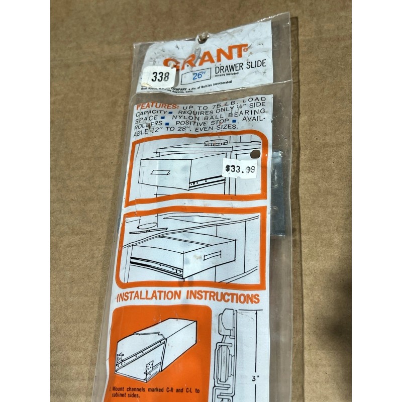 Grant 26" Drawer Slide 336 # 338 New Old Stock