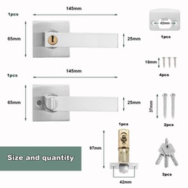 HSEAMALL Door Lever Handle Lock, Interior Door Handle with Lock and Key, Square Entry Door Handle for Bedroom, Office, Left or Right Handed (Silver)