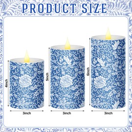 Baquler 3 Pcs Chinoiserie Flameless Pillar Candles Blue and White Candles Battery Operated Decorative Porcelain LED Candlestick for Wedding Home Table Party Decoration