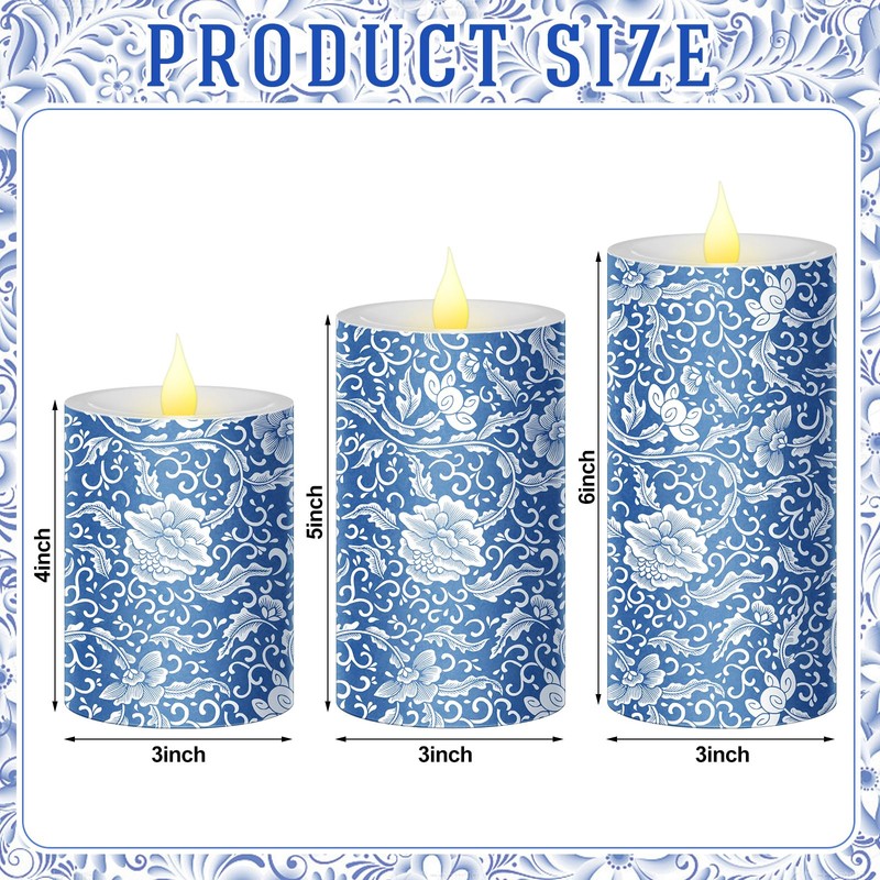 Baquler 3 Pcs Chinoiserie Flameless Pillar Candles Blue and White