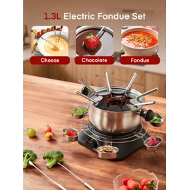 FOHERE 1500W Electric Fondue Set, 1.4QT Non-Stick Electric Fondue Pot with 8 pcs Forks, 6 pcs Cups and Anti-Scald Handle, PreciseTemperature Control for Cheese,Chocolate,Oil and Broth
