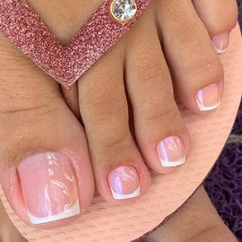 24 Stück Französische Zehennägel Kurz Quadratisch – Künstliche Press-On Zehennägel in Rosa & Weiß – Wiederverwendbare Acryl-Nagel-Tipps mit Design für Frauen – Inkl. Kleber & Feile